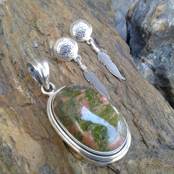Sterling Silver Unakite Pendant and earrings SET - Picture 3 of 7